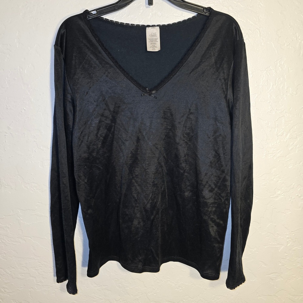 Chill Chasers Cuddl Duds Thermal Top Large Women Black Lace‎ Trim V-Neck